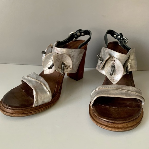 A.S.98 Shoes - A.S. 98 Silver Beaded Leaf Ankle Strap Block Wedge Heels- 39